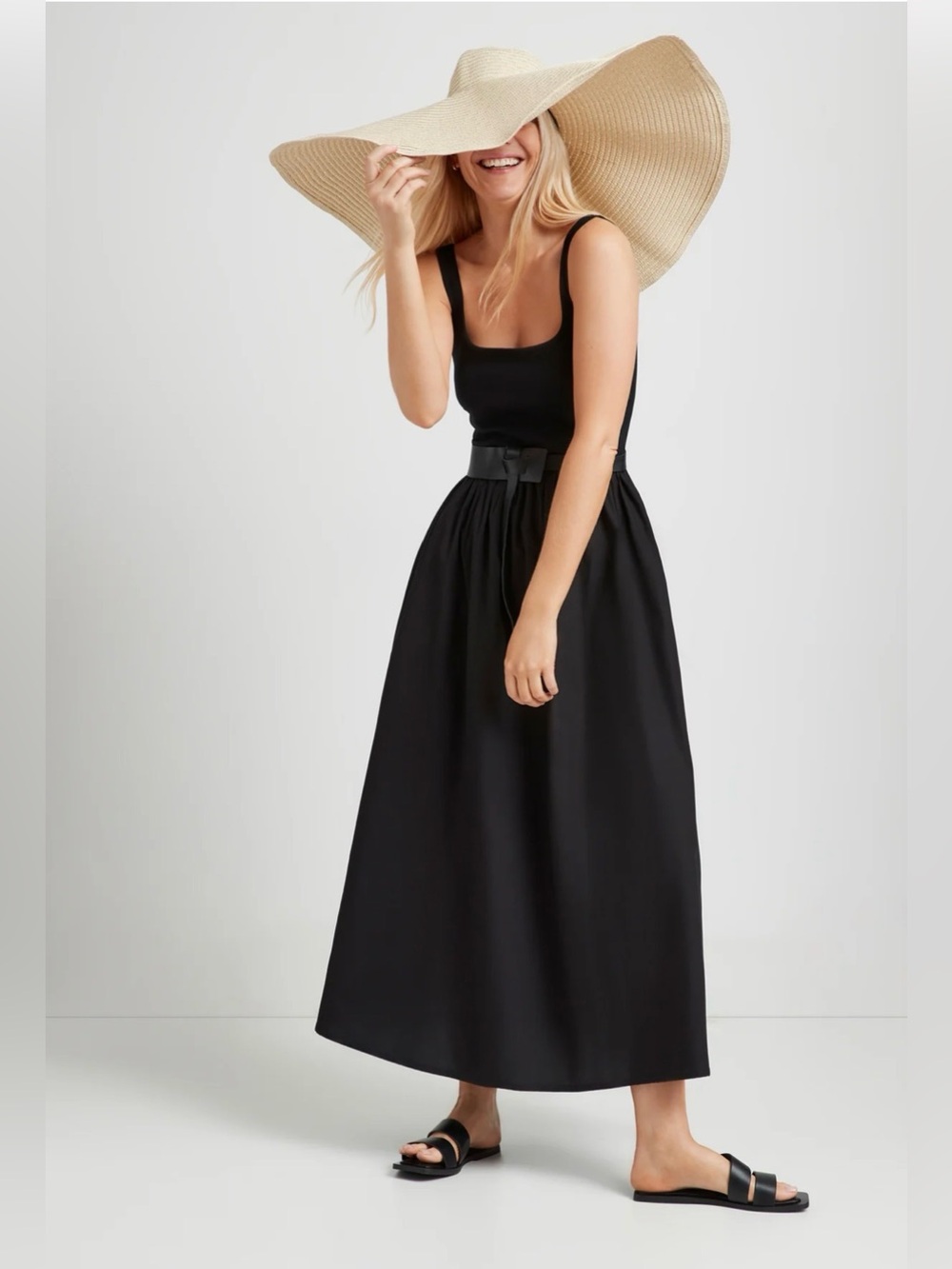 Black Long-Sleeve Maxi Dress with Tie Waist